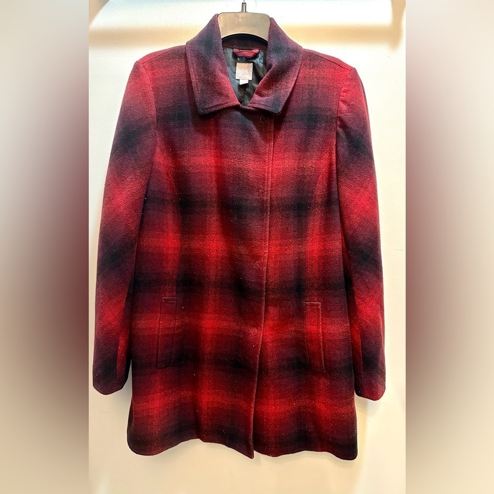 J. Jill Red Black Buffalo Plaid Wool Blend Jacket Size M